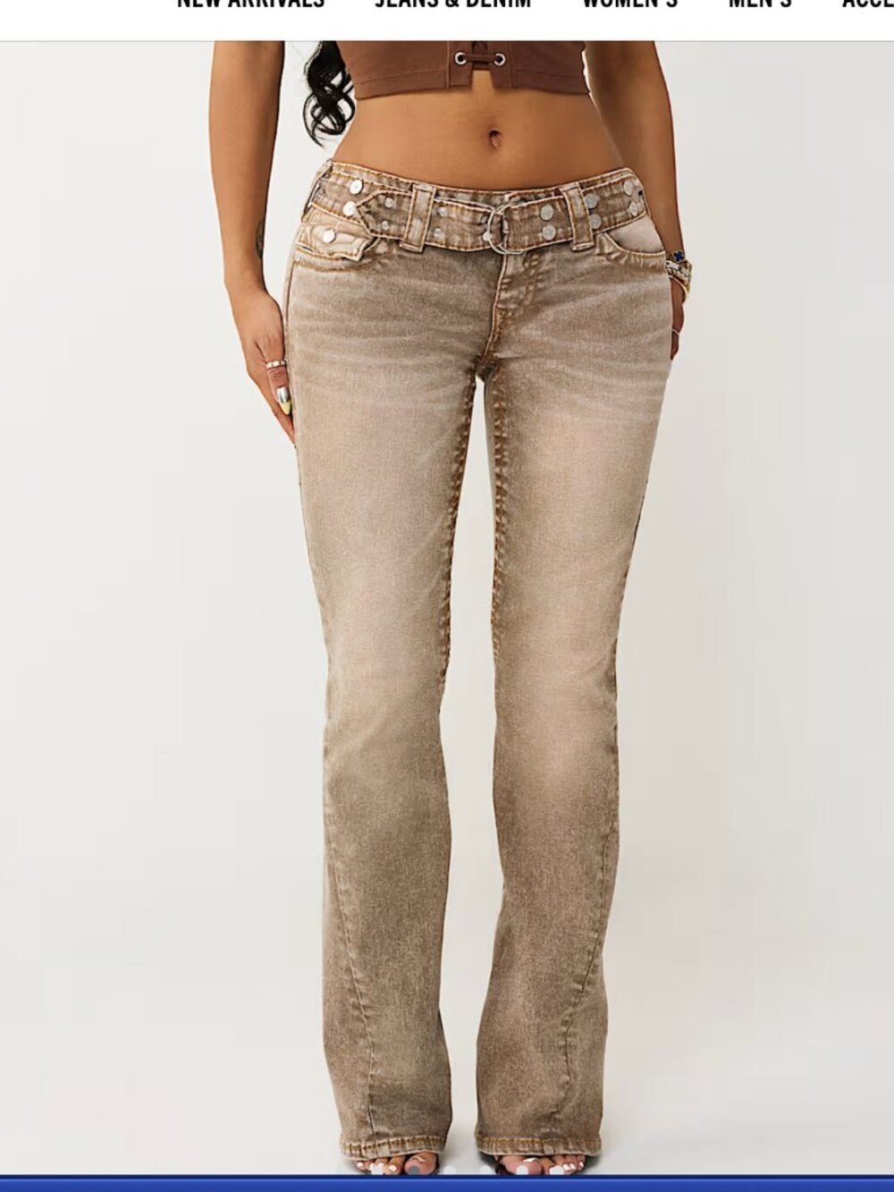 True Religion Joey Low Rise Flare Jeans Brown Studded Belt Size 25
